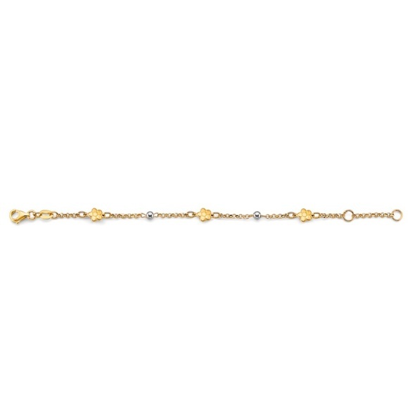 Kids Girls 14k 2 Tone Gold Flower Ball Bracelet 5" To 6" Inches